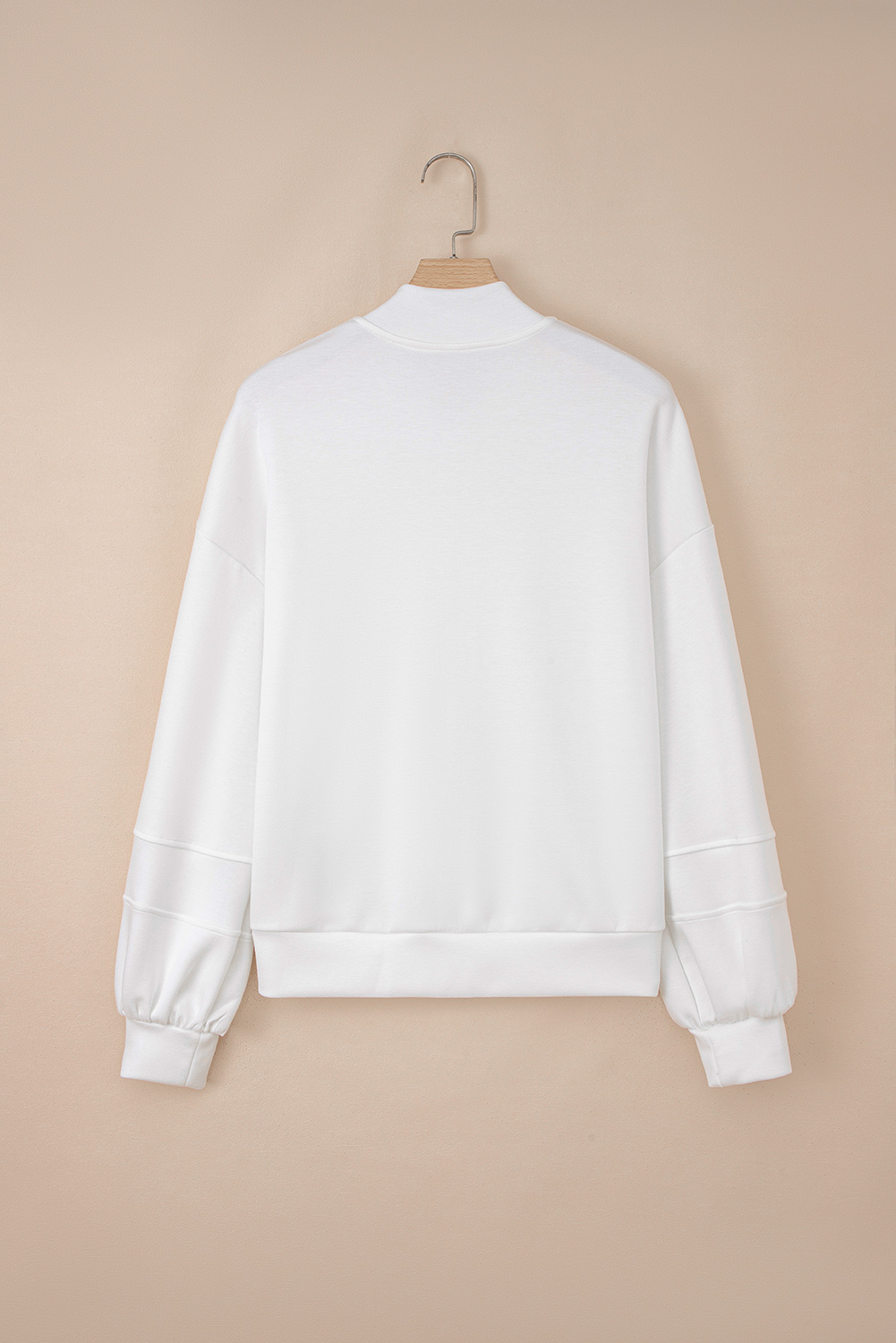 White Solid Color Zip Up Knit Puff Sleeve Jacket - Image 3