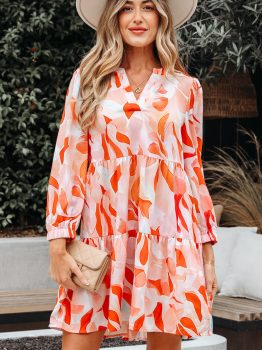 Orange Abstract Print Split Neck Long Sleeve Dress