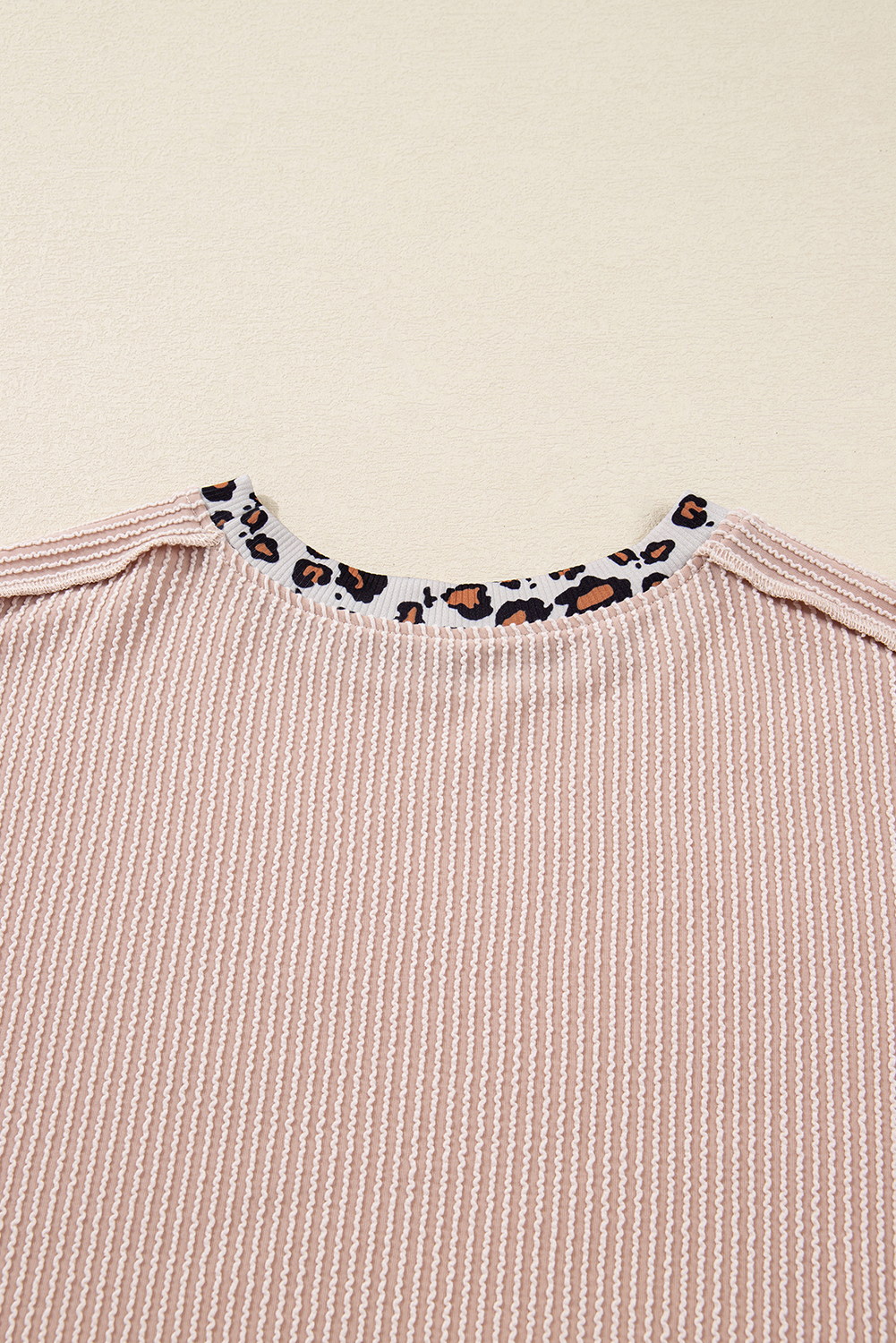 Beige Twist Ribbed Leopard Color Block Detail Drop Shoulder Long Sleeve Top - Image 7