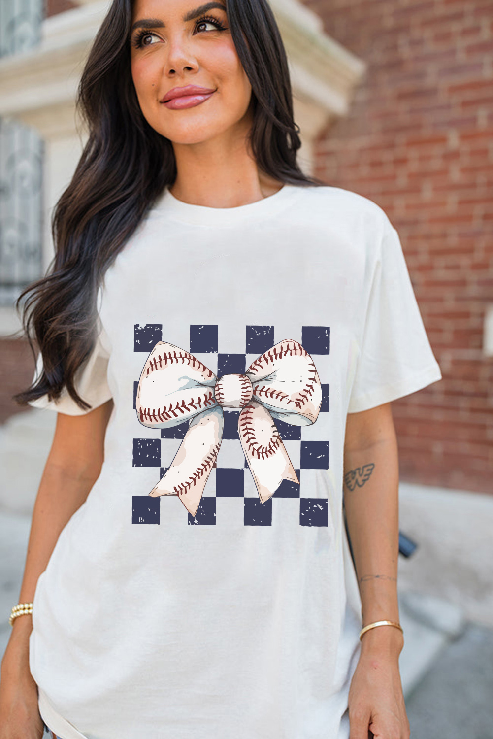 White Checkered Rugby Bowknot Graphic Crew T Shirt - Image 4