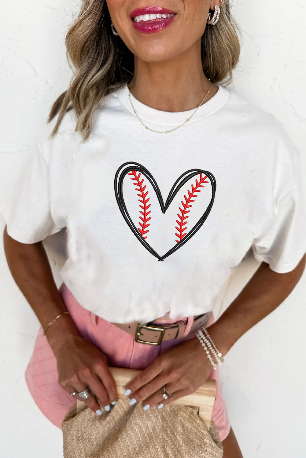 White Baseball Heart Shape Embroidery Graphic Tee - Image 4