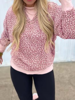 Pink Leopard Print Patchwork Crew Neck Sweatshirt