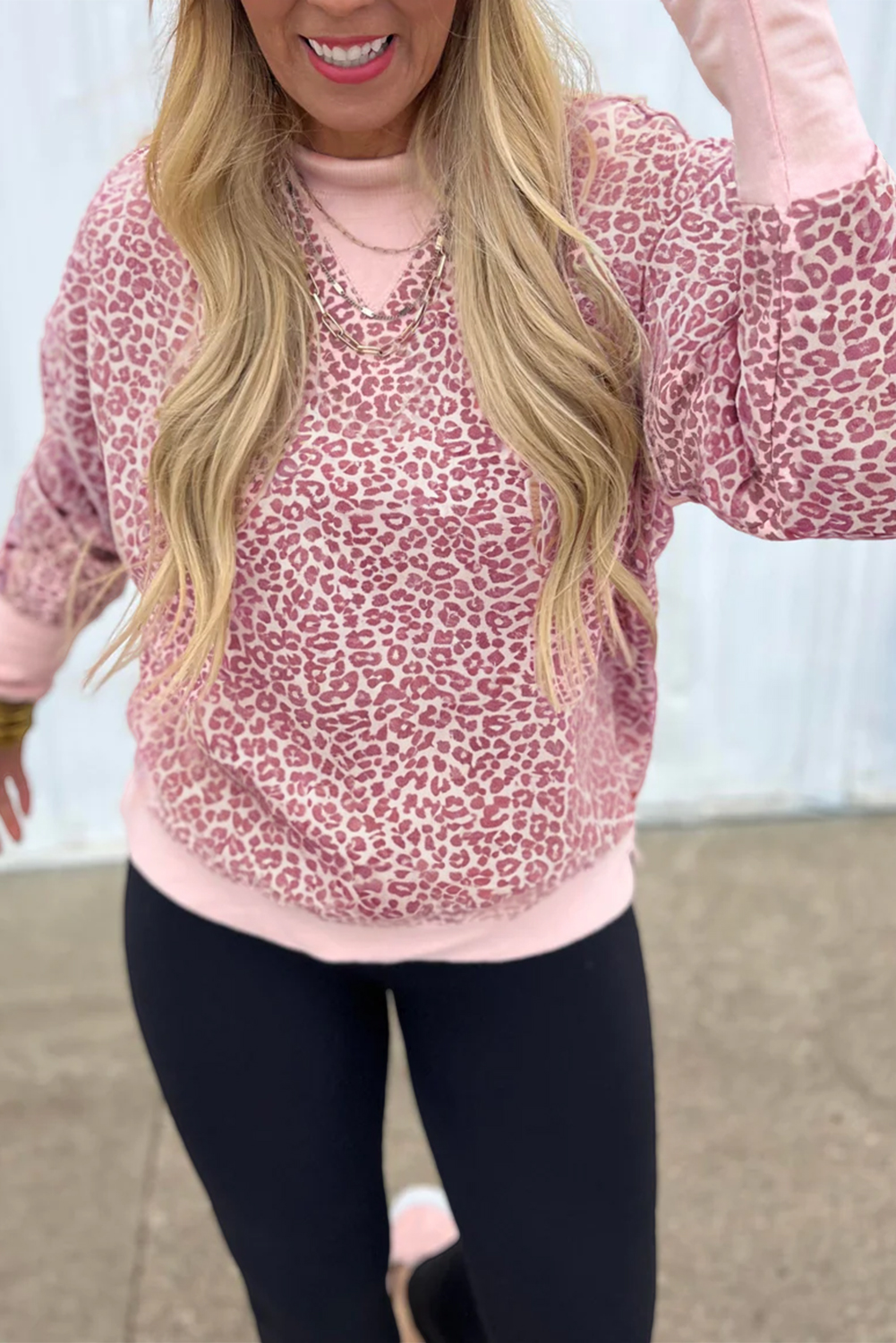 Pink Leopard Print Patchwork Crew Neck Sweatshirt