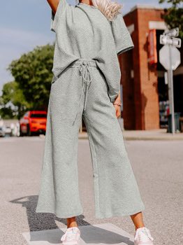 Gray Textured Loose Fit T Shirt and Drawstring Pants Set