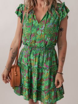 Green Floral Tie Split Neck Frilly Ruffle Trim Tiered Short Dress