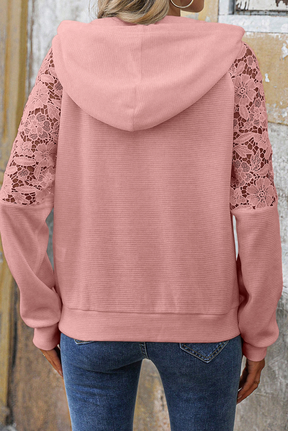 Gossamer Pink Lace Patchwork Raglan Sleeve Kangaroo Pocket Waffle Hoodie - Image 2