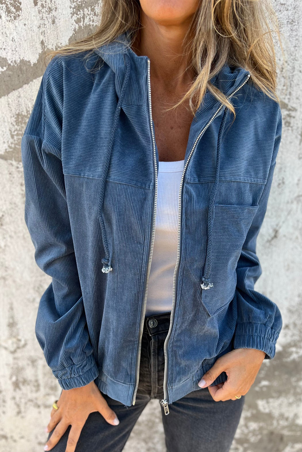 Real Teal Corduroy Drawstring Hooded Pocket Zip Up Jacket - Image 5