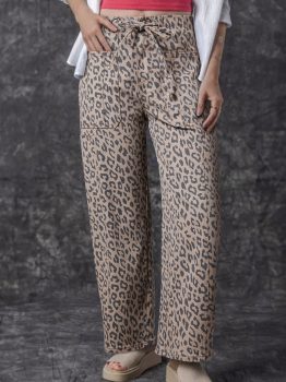 Khaki Leopard Printed Drawstring Elastic Waistband Pocketed Wide Leg Jeans