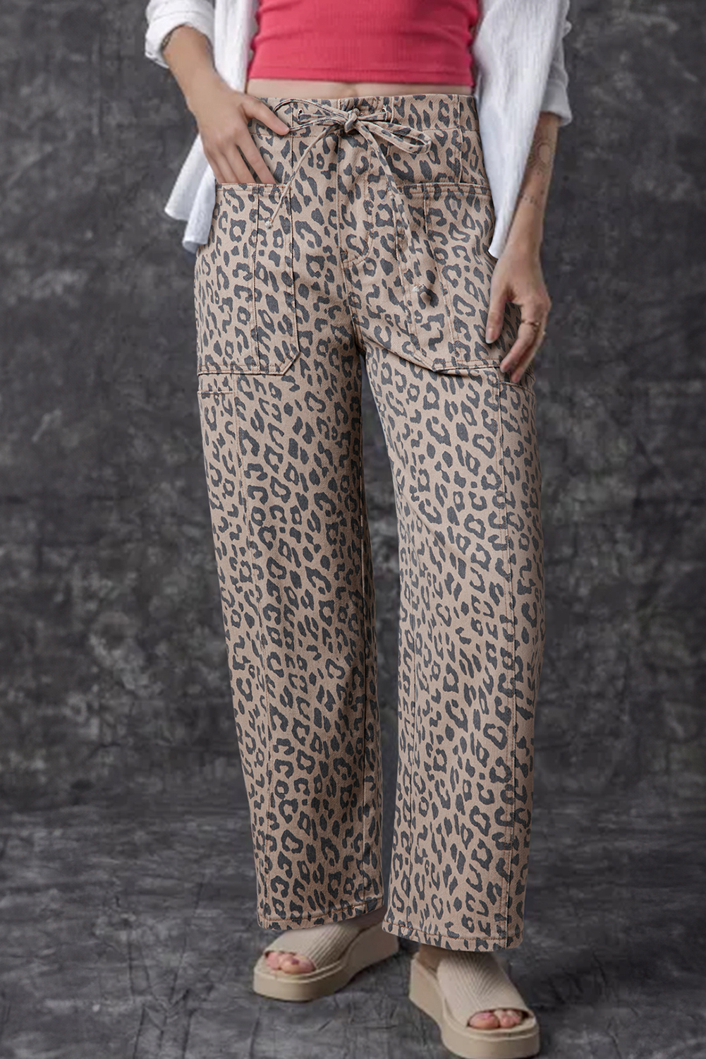 Khaki Leopard Printed Drawstring Elastic Waistband Pocketed Wide Leg Jeans