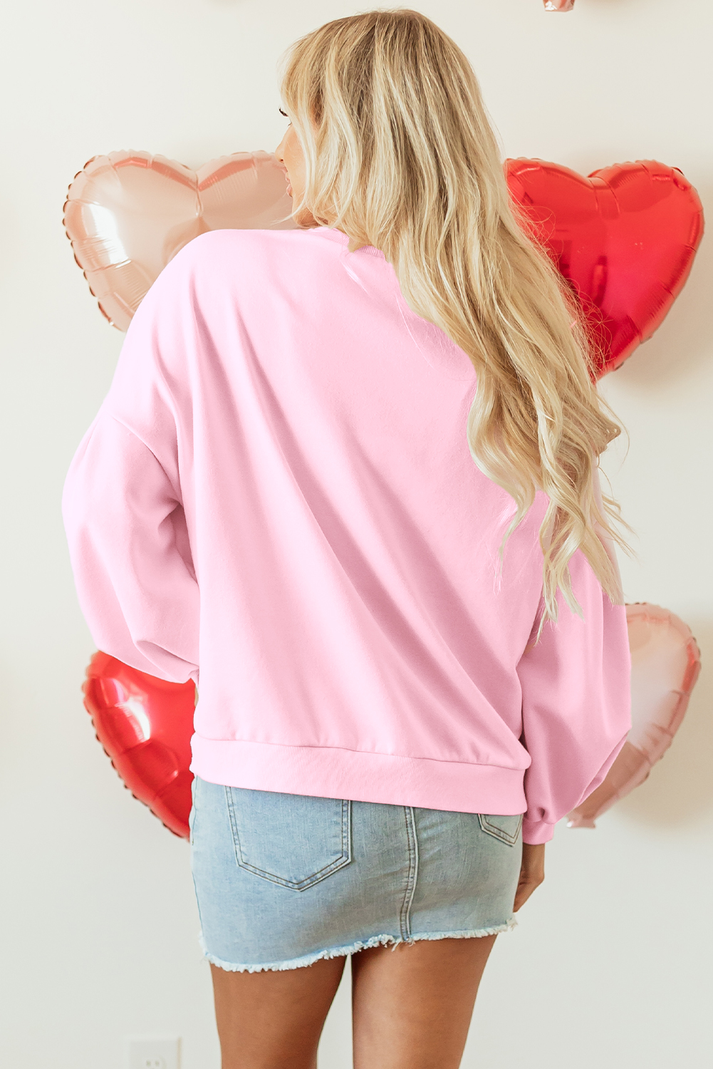 Light Pink Embroidered Bow Lantern Sleeve Oversized Pullover Sweatshirt - Image 3