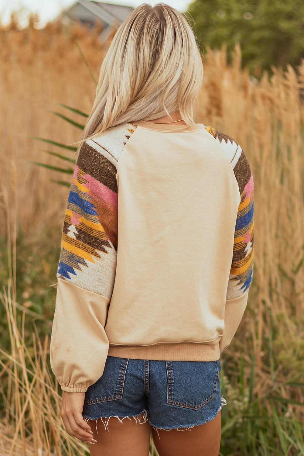 Light French Beige Aztec Patchwork Raglan Pullover Sweatshirt - Image 2