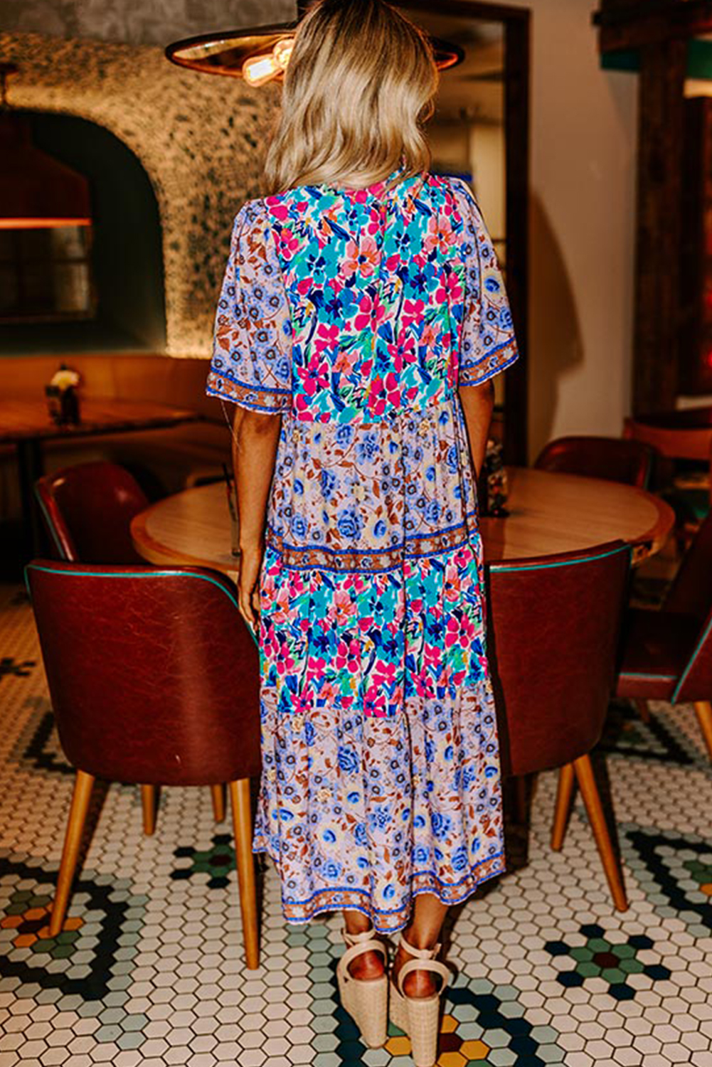 Sky Blue Mixed Floral Print Tie Split Neck Short Sleeve Dress - Image 8