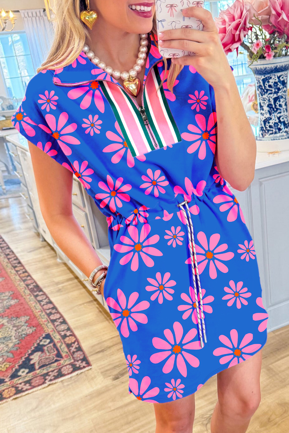 Purple Floral Striped Quarter Zip Cap Sleeve Drawstring Waist Mini Dress - Image 2