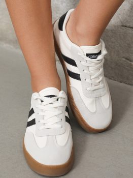 White Striped Lace-up Flat Sneakers