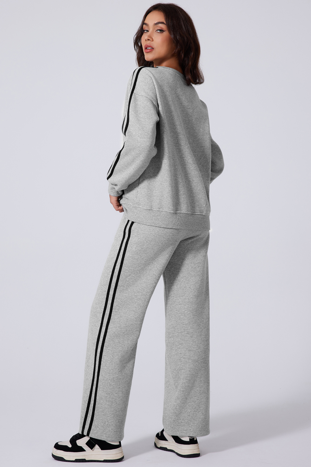 Light Grey Solid Color Side Striped Sweatshirt Active Set - Image 2