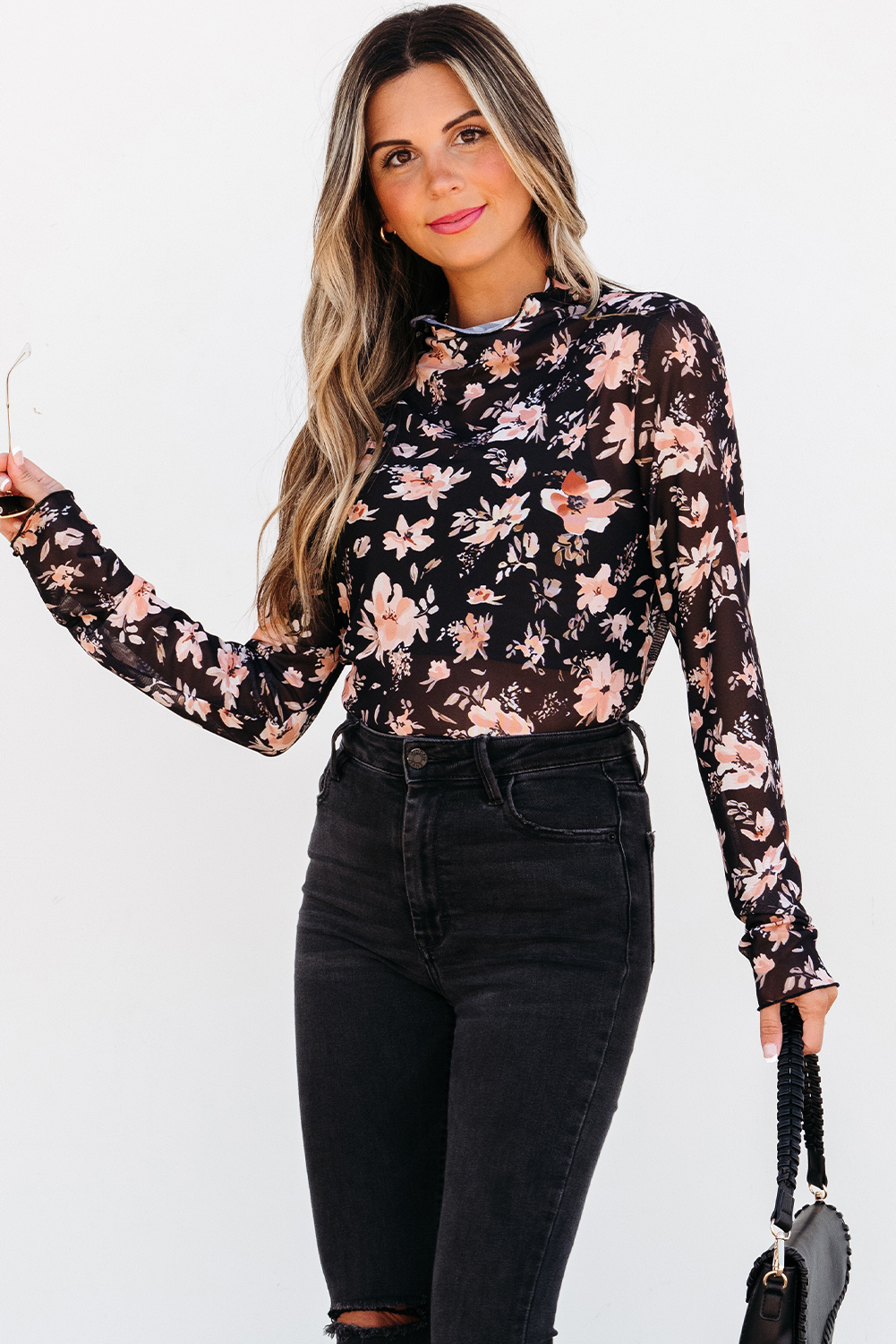 Black Floral Mesh Mock Neck Long Sleeve Slim Fit Top - Image 3