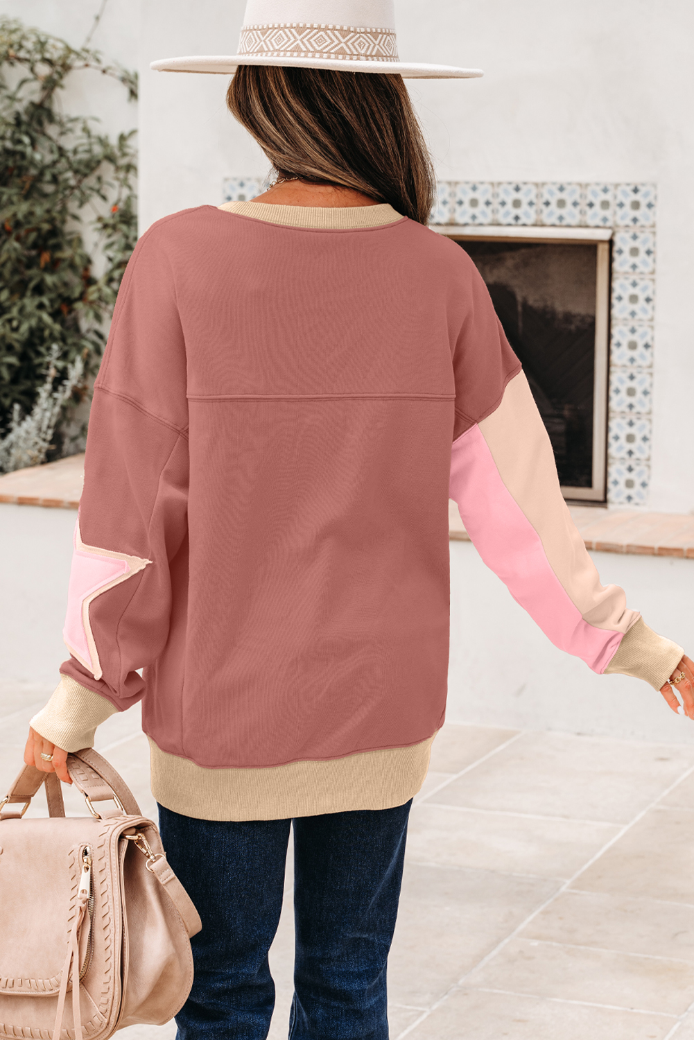 Rose Pink Contrast Star Patchwork Exposed Seam Uneven Hem Drop Shoulder Sweatshirt - Image 9