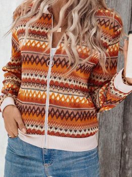 Orange Boho Striped Zip Up Long Sleeve Jacket