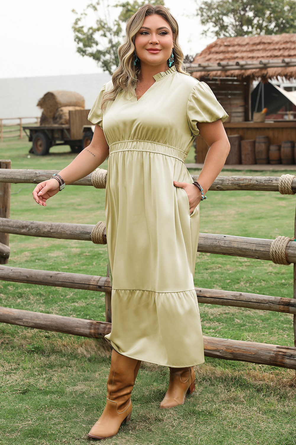 Laurel Green Notched V Neck Puff Sleeve Tiered Plus Size Maxi Dress - Image 3