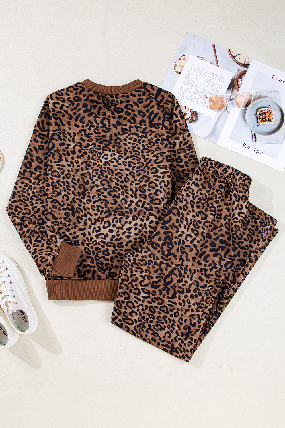 Coffee Leopard Print Contrast Trim Long Sleeve Top and Pants Set - Image 5