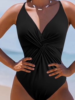 Black V Neck Twist Ruched Crisscross Backless One-Piece Swimsuit