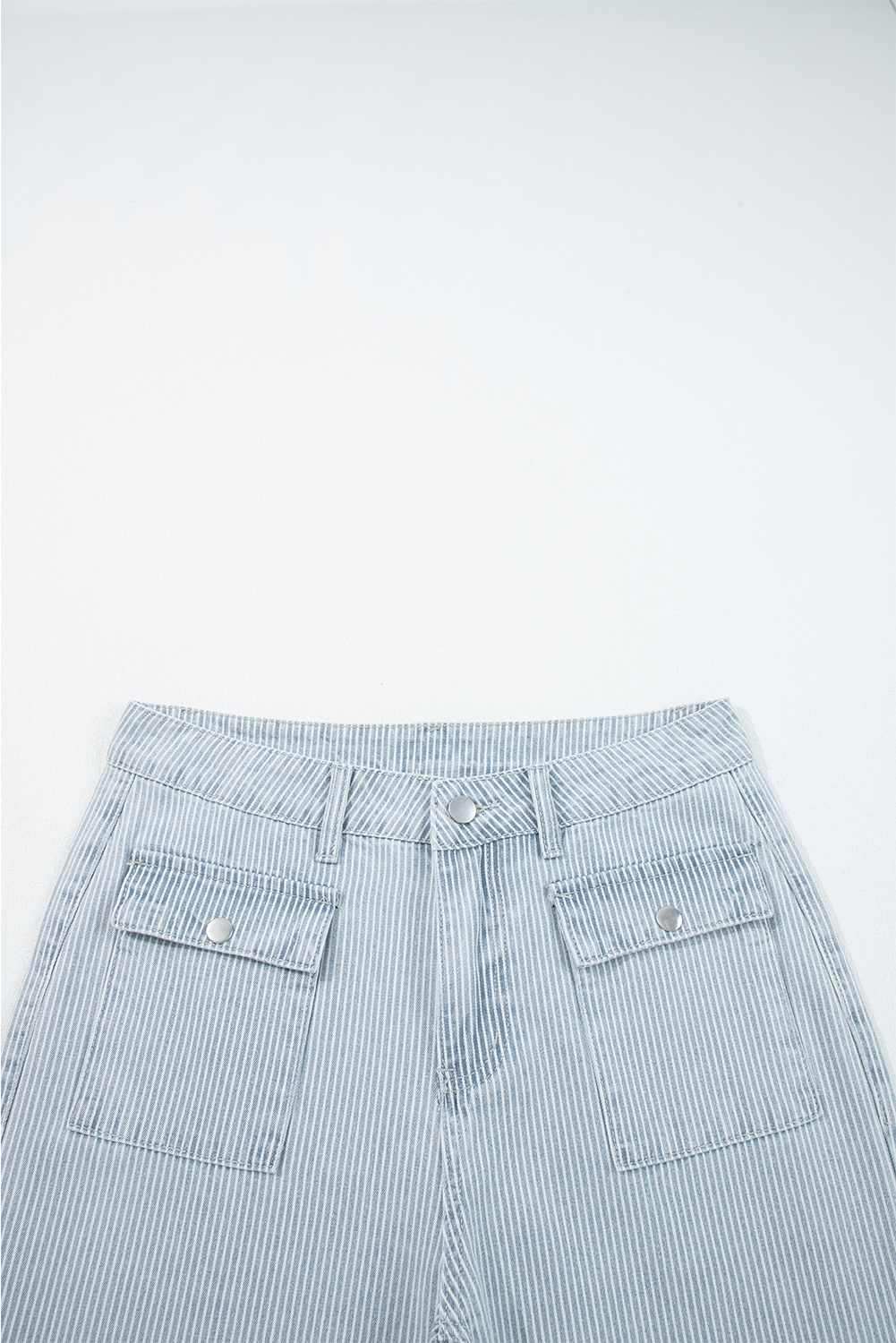 Sky Blue Stripe Button Flap Pocket Cuffed Hem Wide Leg Jeans - Image 7