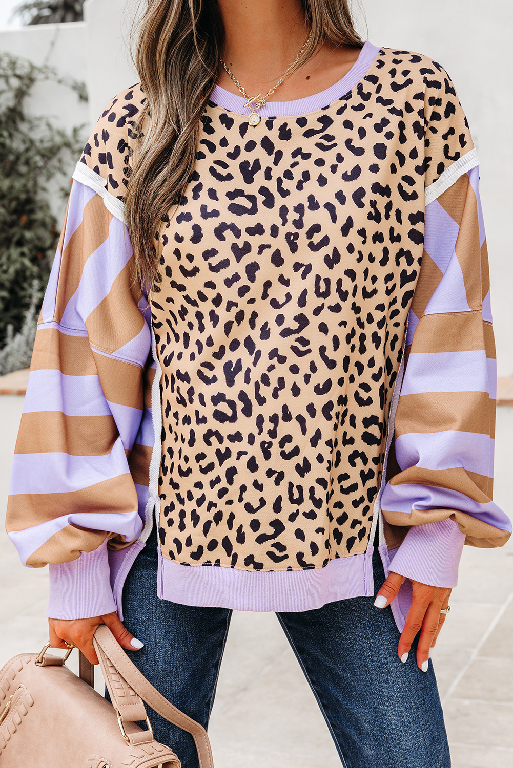 Purple Stripe Color Block Patchwork Leopard Casual Sweatshirt with Slits - Image 6