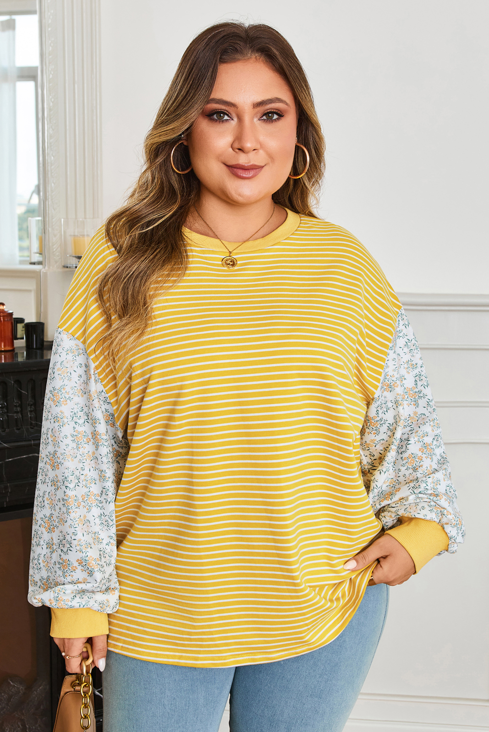 Yellow Stripe Striped Contrast Floral Sleeve Patchwork Plus Size Loose Top - Image 5