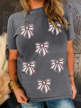 Gray Sequin Bow Baseball Fashion Graphic Tee