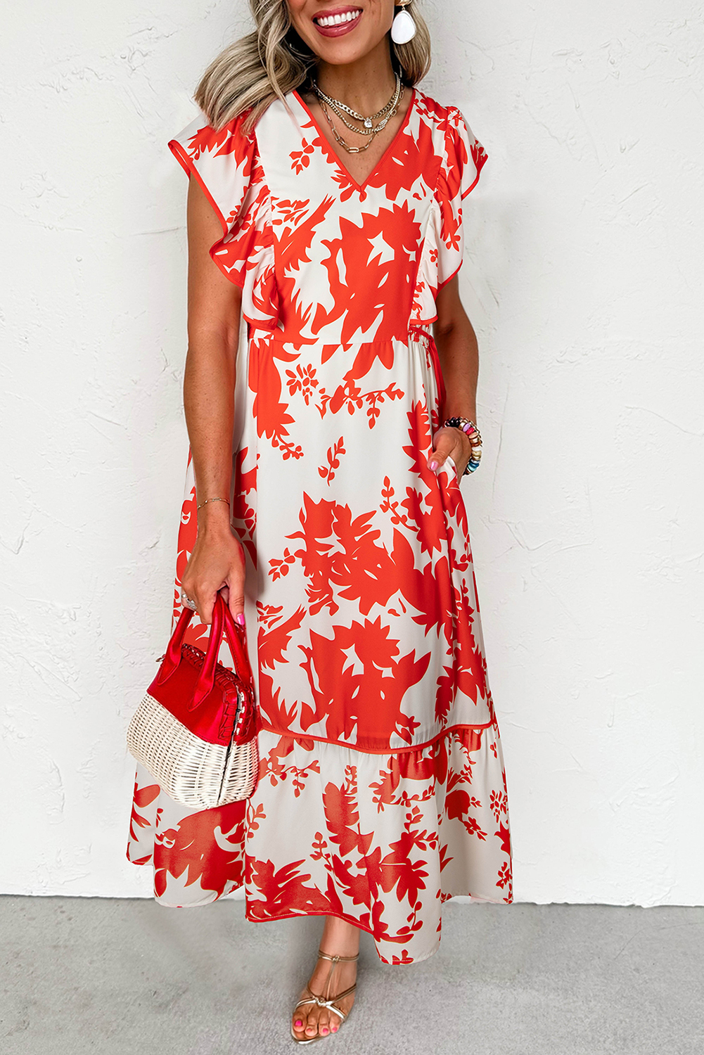 Red Floral Print Trimmed V Neck Ruffle Sleeve Long Dress - Image 8
