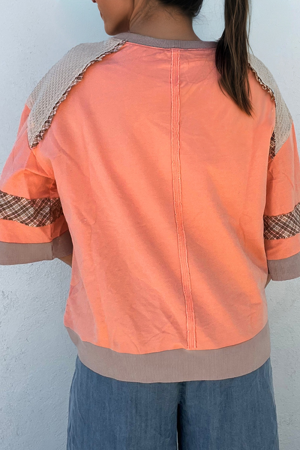 Grapefruit Orange Plaid Waffle Flower Patchwork Bracelet Sleeve Top - Image 2