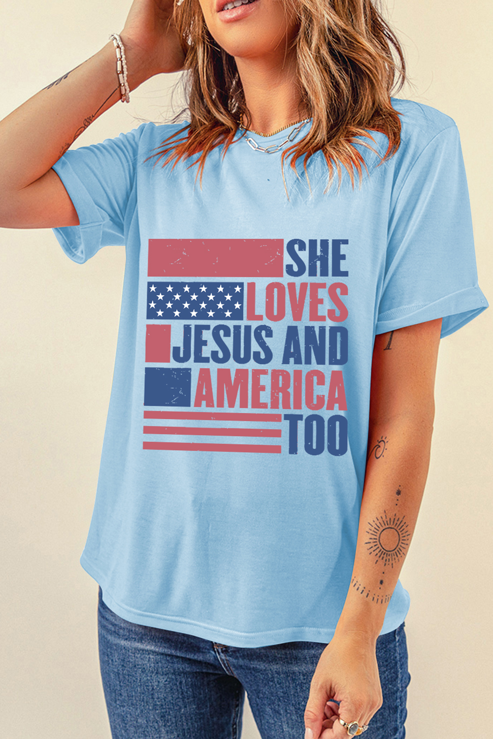 Light Blue SHE LOVES JESUS AND AMERICA TOO Flag Graphic T Shirt - Image 8