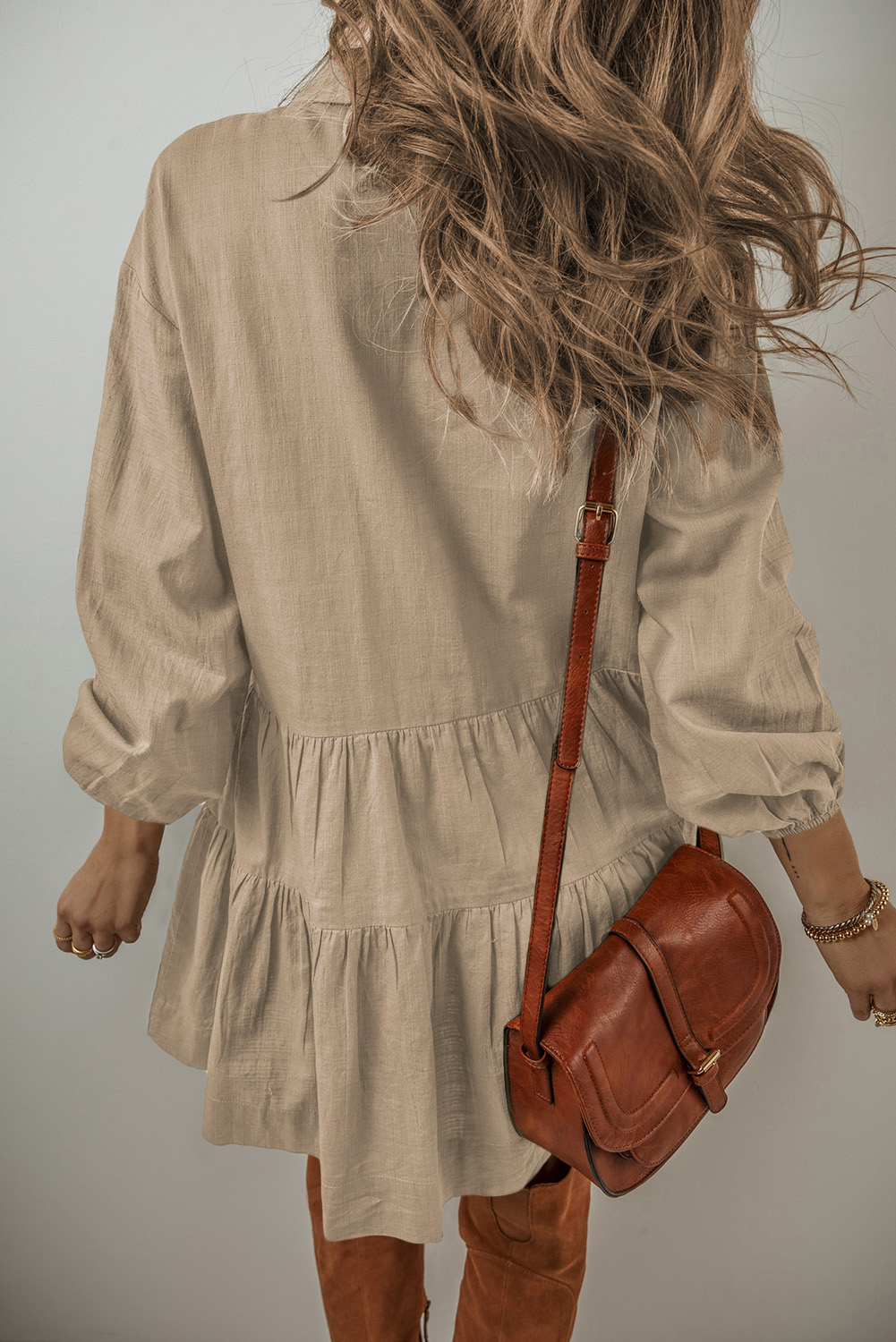 Tan Puff Sleeve Buttoned Tiered Pleated Shirt Mini Dress - Image 2