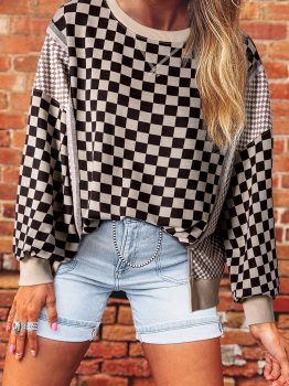 Khaki Mixed Checkered Pattern Patchwork High Low Casual Top