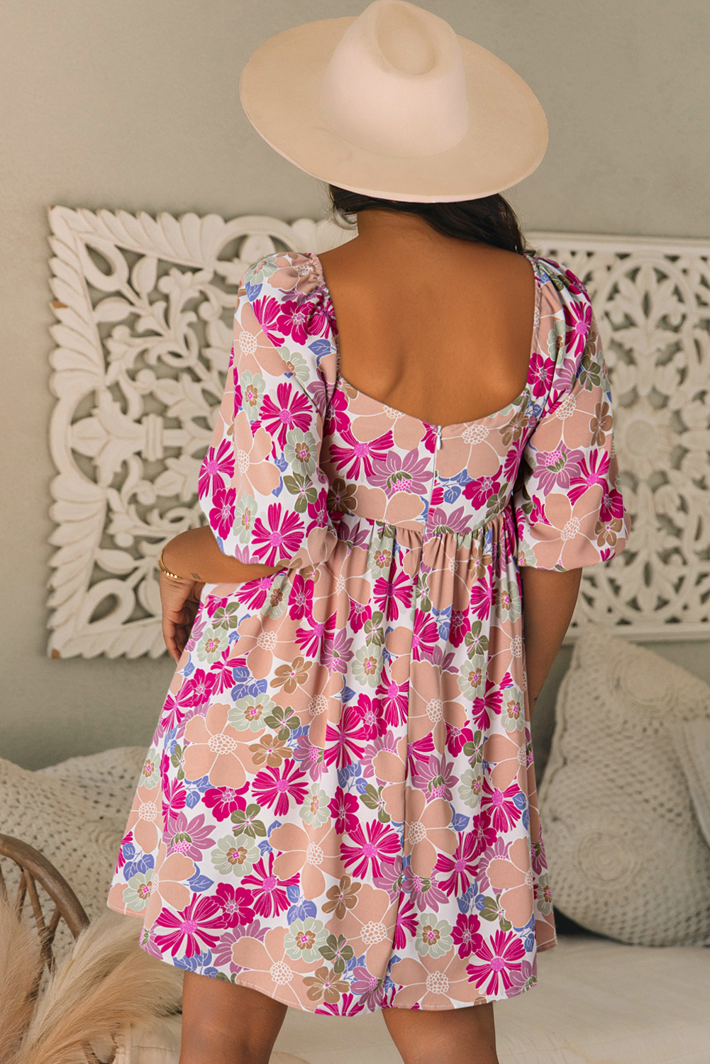 Rose Summer Floral Square Neck Puff Sleeve Babydoll Dress - Image 2
