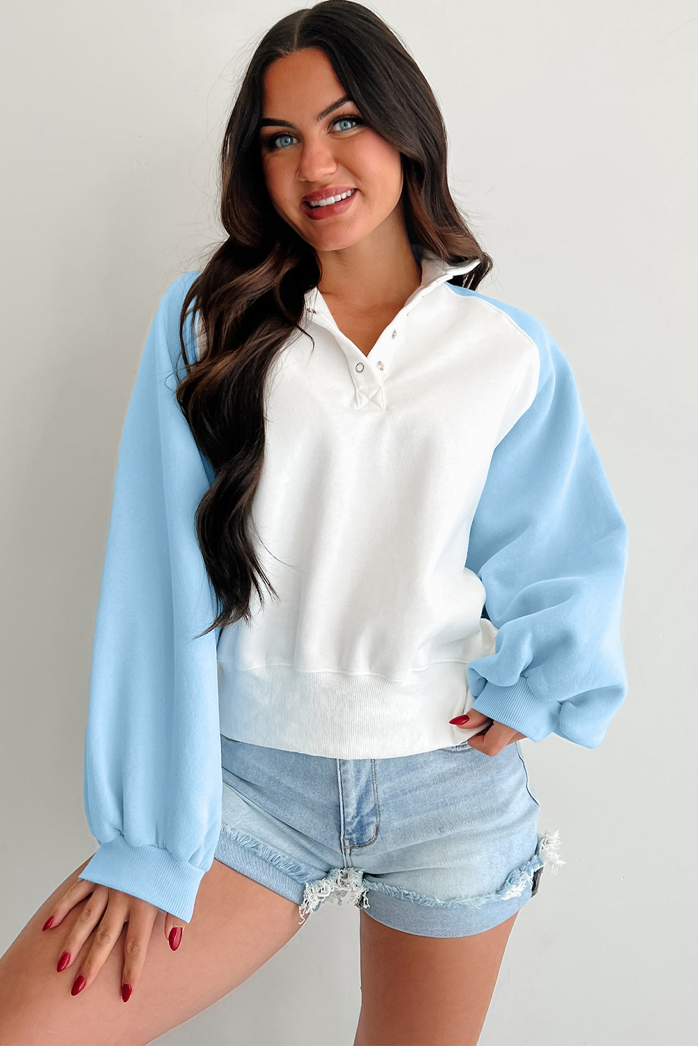 Beau Blue Colorblock Snap Buttons Pullover Sweatshirt - Image 4