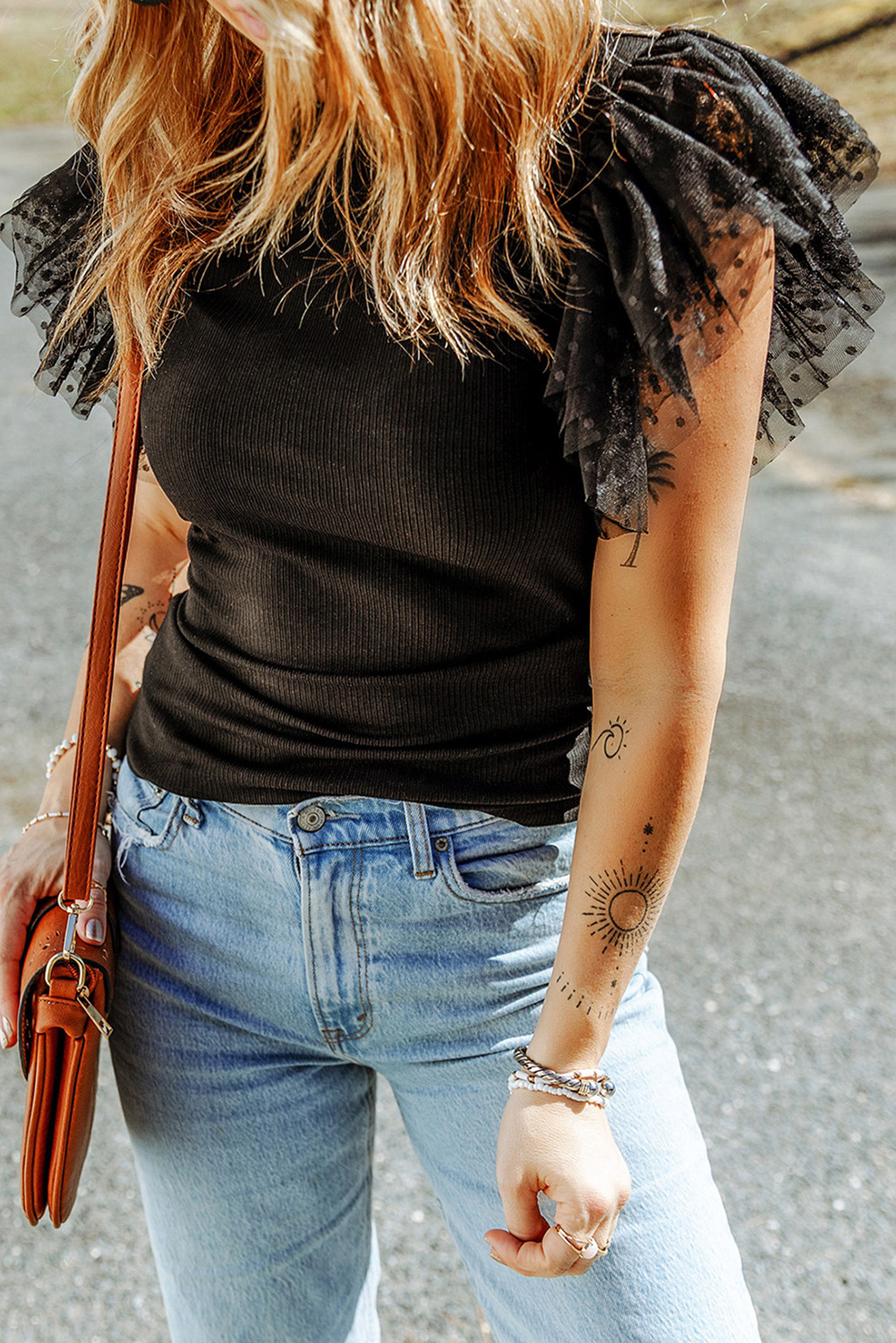 Black Dotty Mesh Ruffle Sleeve Ribbed Knit Top - Image 4