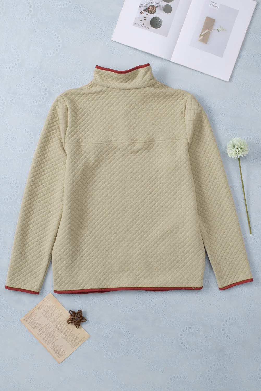 Beige Contrast Binding Snap Button Geometric Pullover Sweatshirt - Image 7