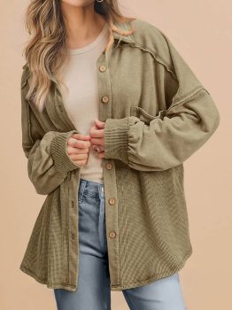 Moss Green Waffle Knit Patchwork Buttoned Oversized Shacket