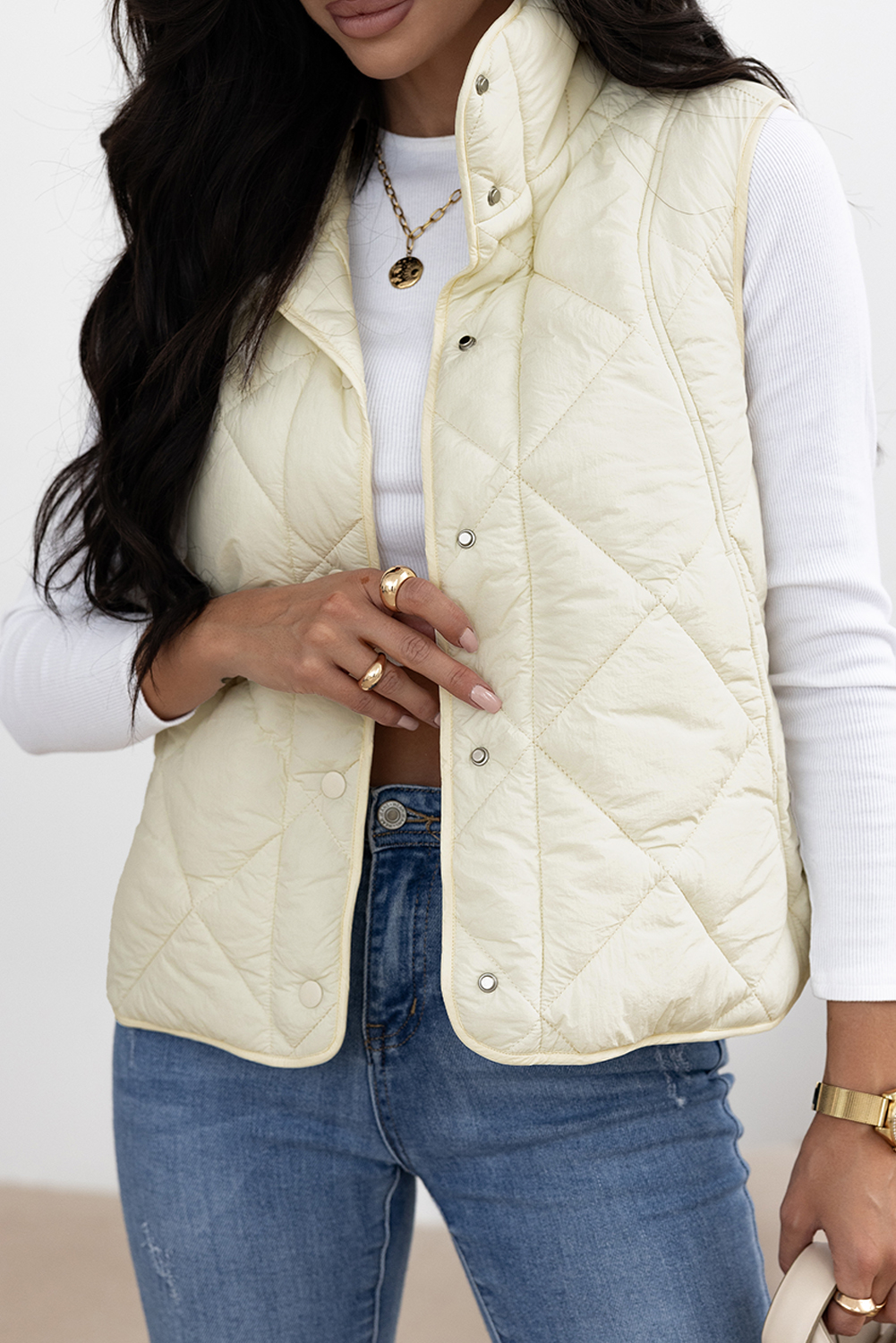 Beige Quilted High Neck Button Up Pocket Vest Coat - Image 5