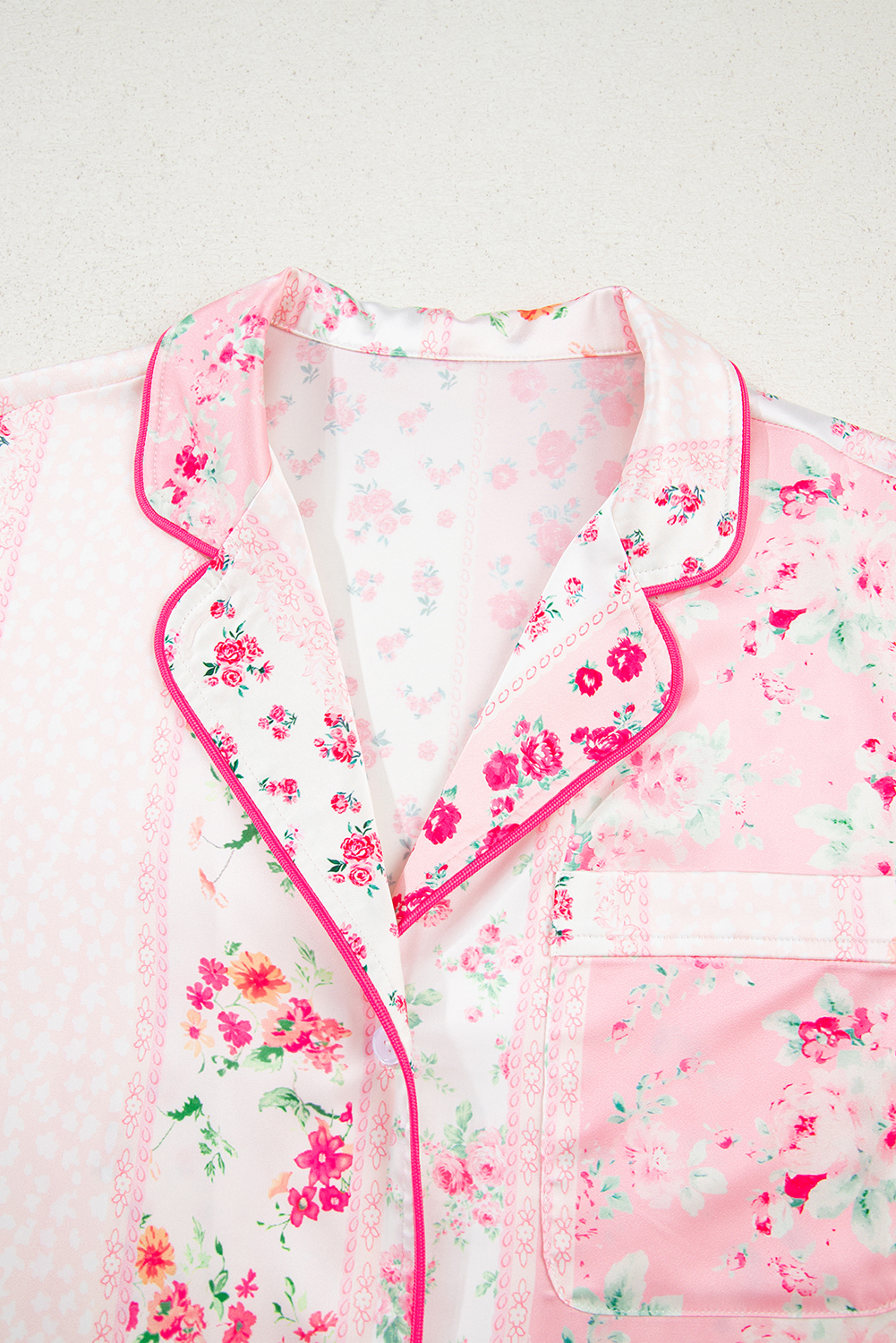 Pink Mixed Floral Print Contrast Piping Trim Satin Tie 2pcs Pajama Set - Image 6