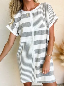 Gray Stripe Mixed Printed Short Sleeve Shift Mini T Shirt Dress