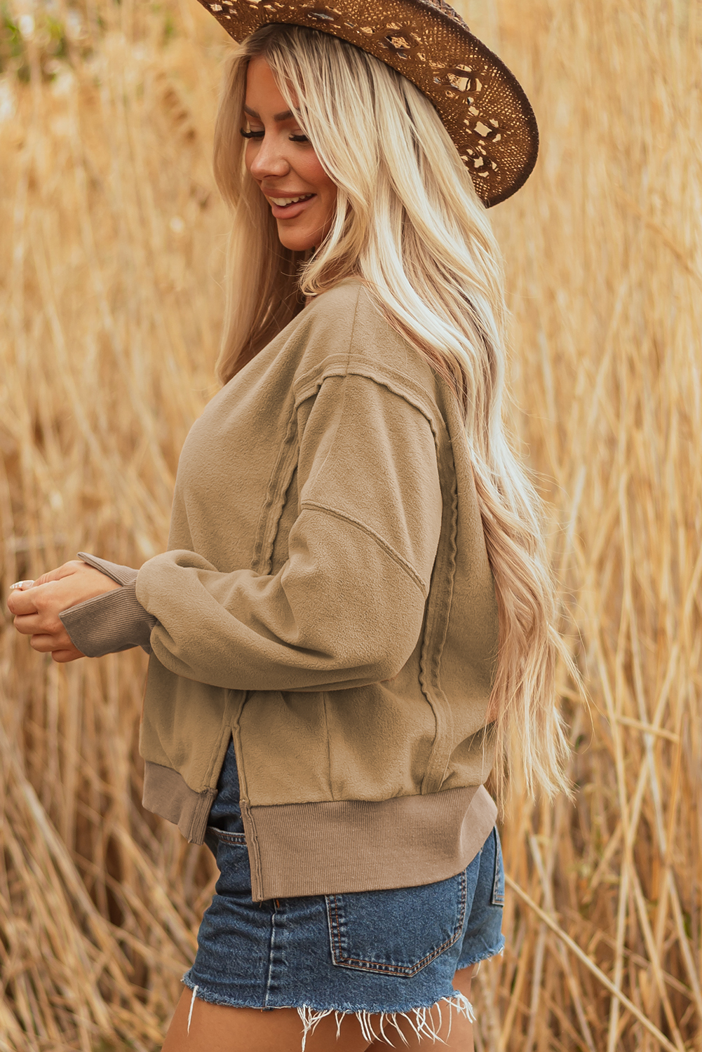 Dark Khaki Fuzzy Sherpa Splicing Pullover Sweatshirt with Side Slit - Image 7