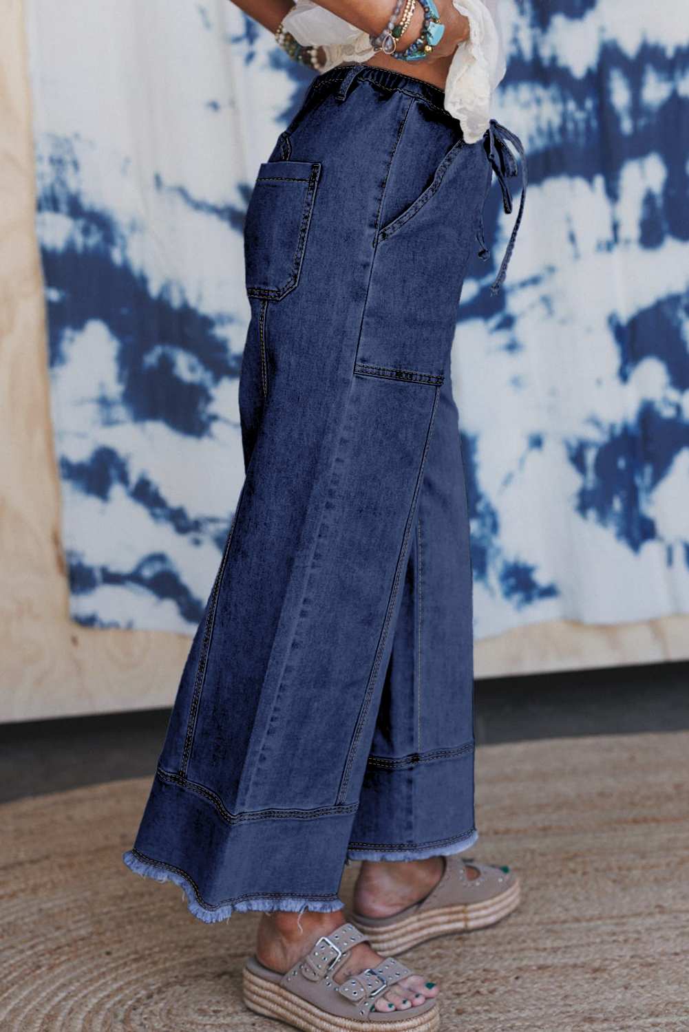 Prussian Blue Drawstring Seam Detail Raw Hem Wide Leg Denim Pants - Image 3