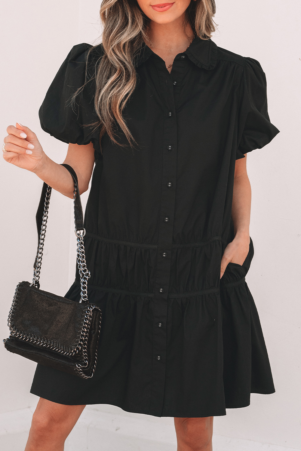 Black Shirt Style Button Down Puff Sleeve Ruffle Hem Dress - Image 7