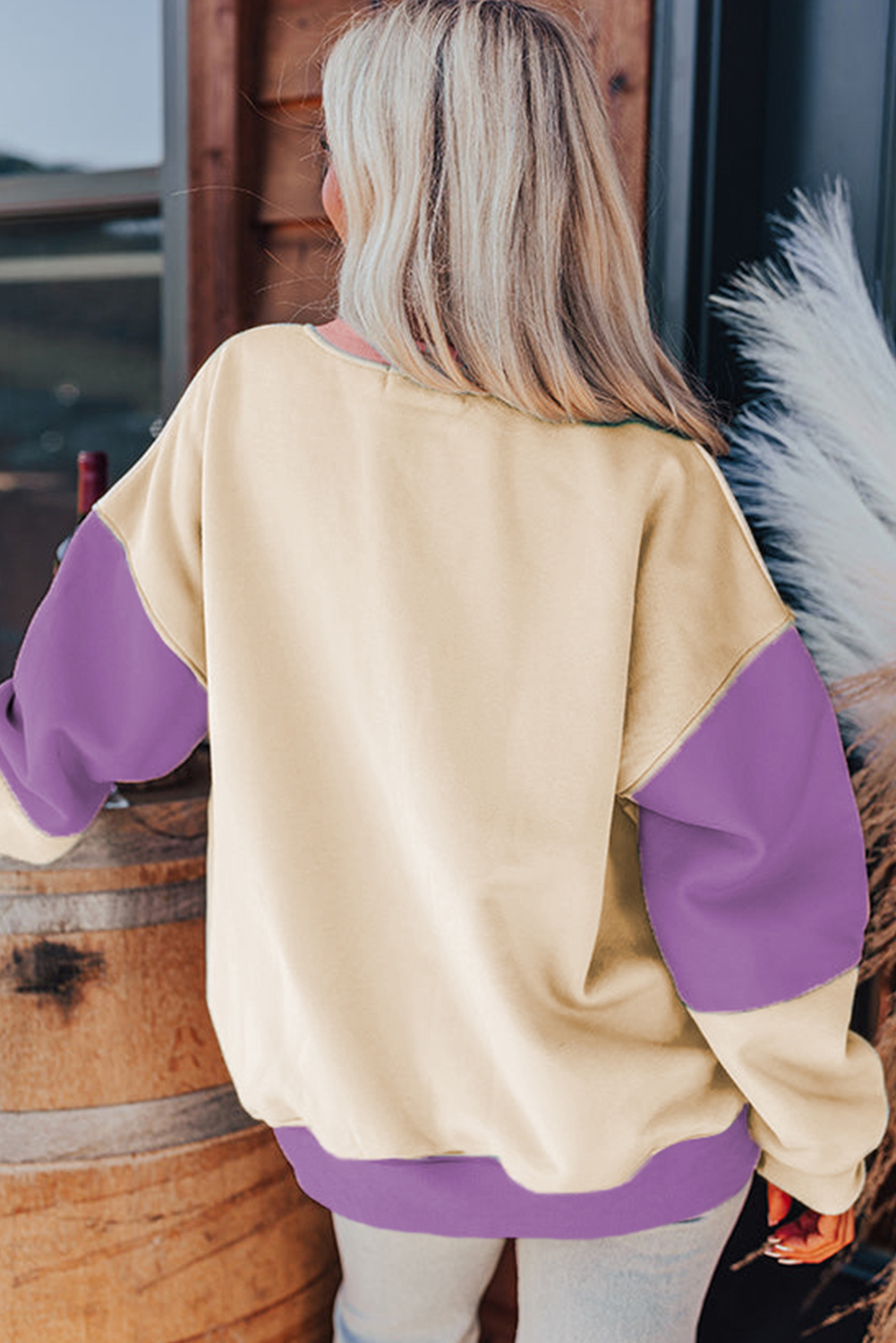 Meadow Mauve Colorblock Patchwork Drop Shoulder Sweatshirt - Image 3