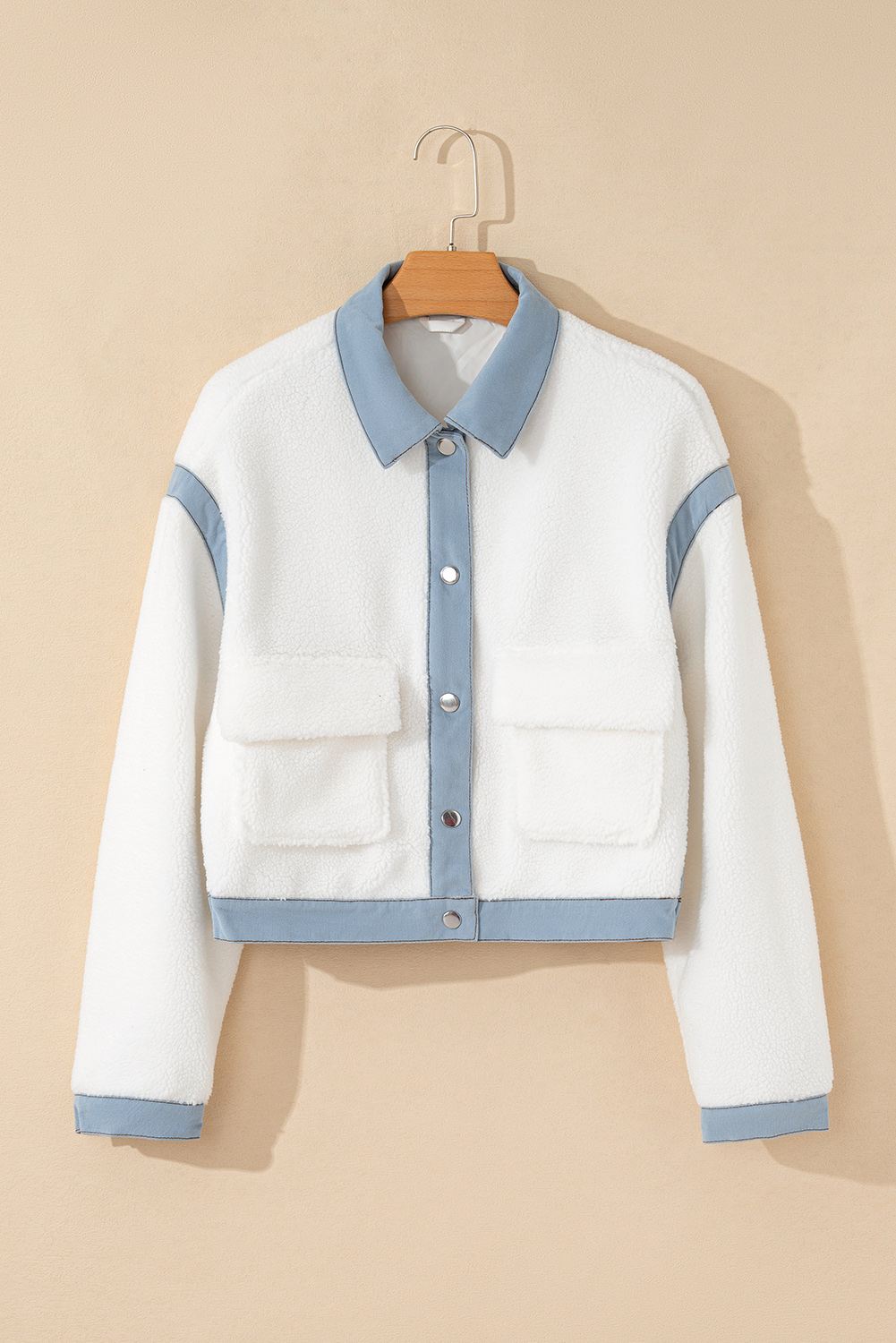 White Contrast Trim Buttoned Sherpa Jacket - Image 8