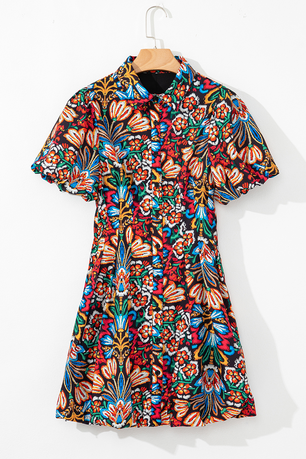 Multicolour Floral Puff Short Sleeve Shirt Mini Dress - Image 6