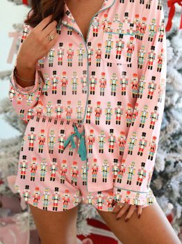 Pink Nutcracker March Long Sleeve Button Up 2pcs Pajama Short Set