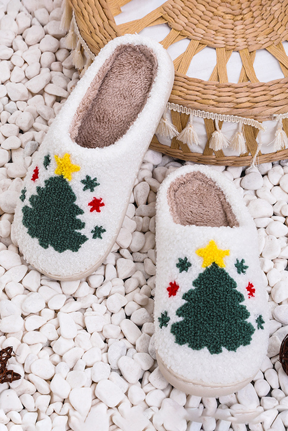 White Fuzzy Christmas Tree Pattern Home Slippers - Image 4